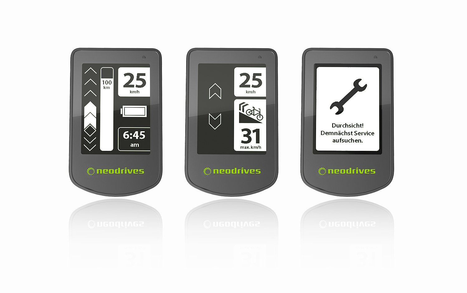 Entwicklung und Design – GUI und Service-Software Das Bild zeigt drei verschiedene Bildschirm-Ansichten der MMI-GUI neodrives (für alber, 2012) (© Papenfuss | Atelier)