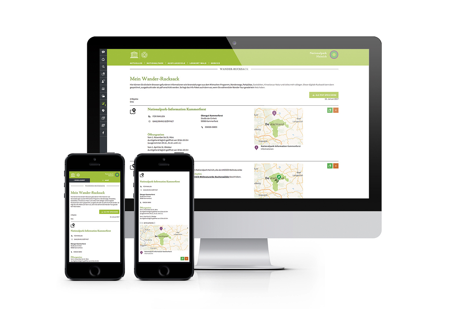 Modul Wanderrucksack – Webdesign Nationalpark Hainich Desktop- und Smartphoneansicht des Wanderrucksacks (© Papenfuss | Atelier)