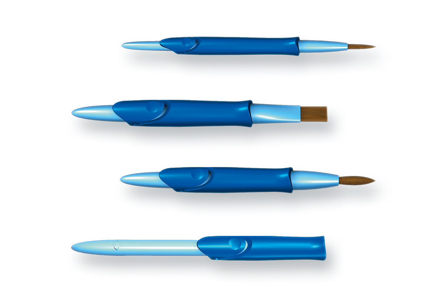 Das Bild zeigt den Clic & Go Pinsel in unterschiedlichen Formen und Farben (für Faber-Castell, 2011).  (© Papenfuss | Atelier)
