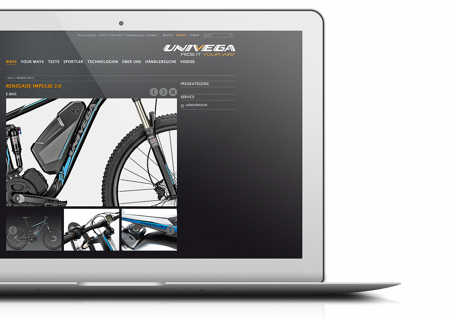 Derby Cycle Univega – Webentwicklung – Webdesign – Ausschnitt Produktseite Produktseite mit Produktfotos Mountainbike, Slideshow Produktbilder und Produktinformationen (© Papenfuss | Atelier)
