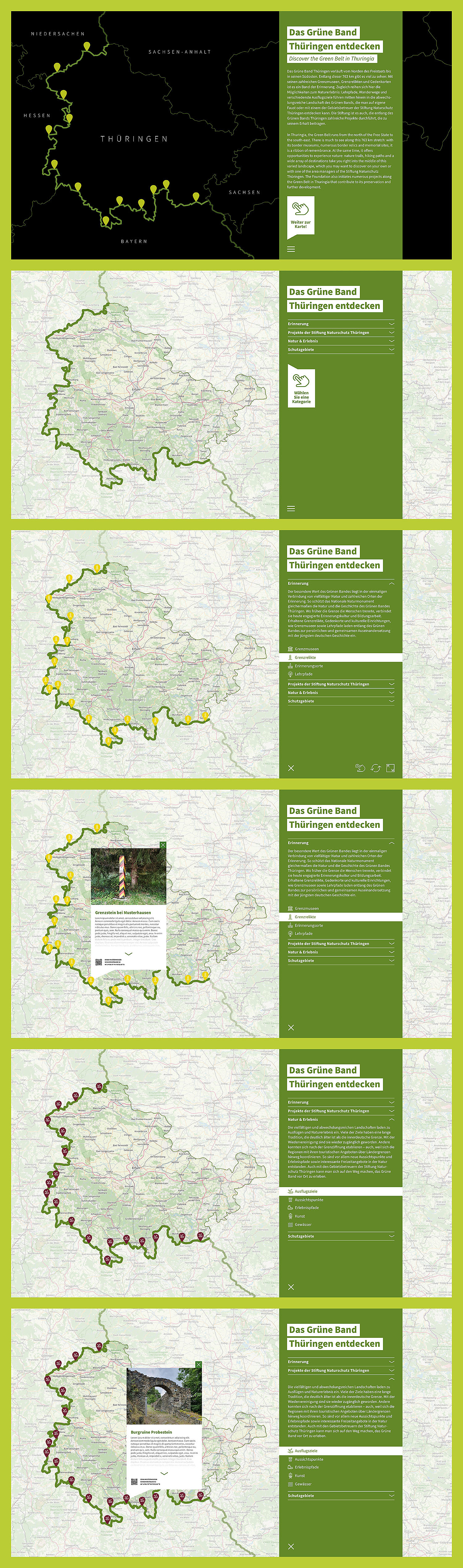 Screenshots vom Kartentisch Startbildschirm und ausgewählte Unterseiten des Kartentisches (© Papenfuss | Atelier)