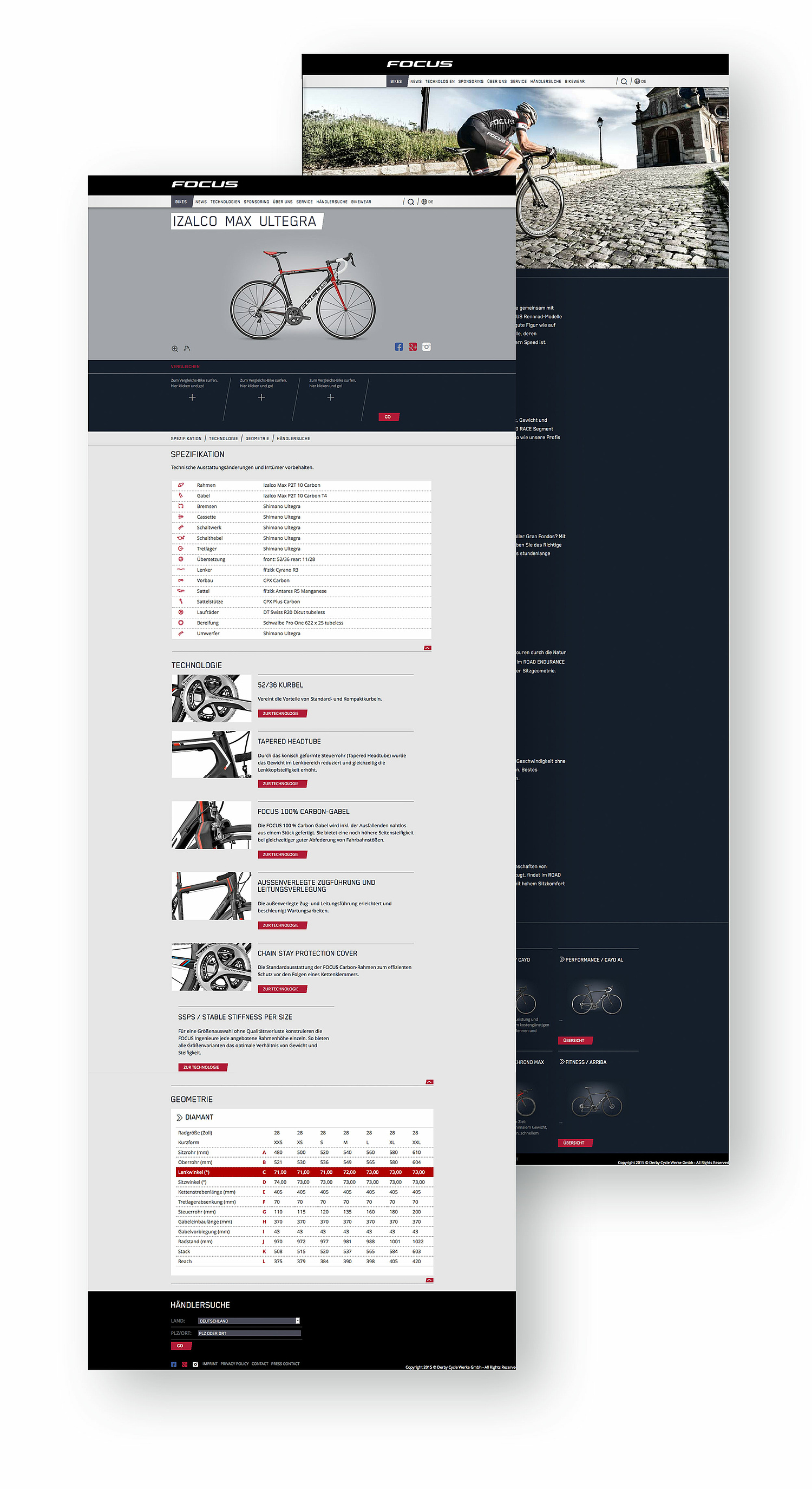 Focus Bikes – Webdesign – Webentwicklung – Bikepräsentation Website Das Bild zeigt im Hintergrund eine Radübersicht und im Vordergrund eine Seite mit Spezifikationen zum jeweiligen Modell. (für Derby Cycle Werke) (© Papenfuss | Atelier)