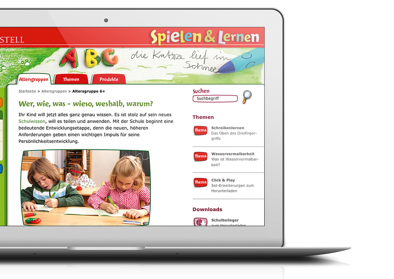 Faber-Castell – Webdesign – Webentwicklung – Ausschnitt Website Website mit Menüwahl über Altersgruppen, Themen oder Produkte (© Papenfuss | Atelier)