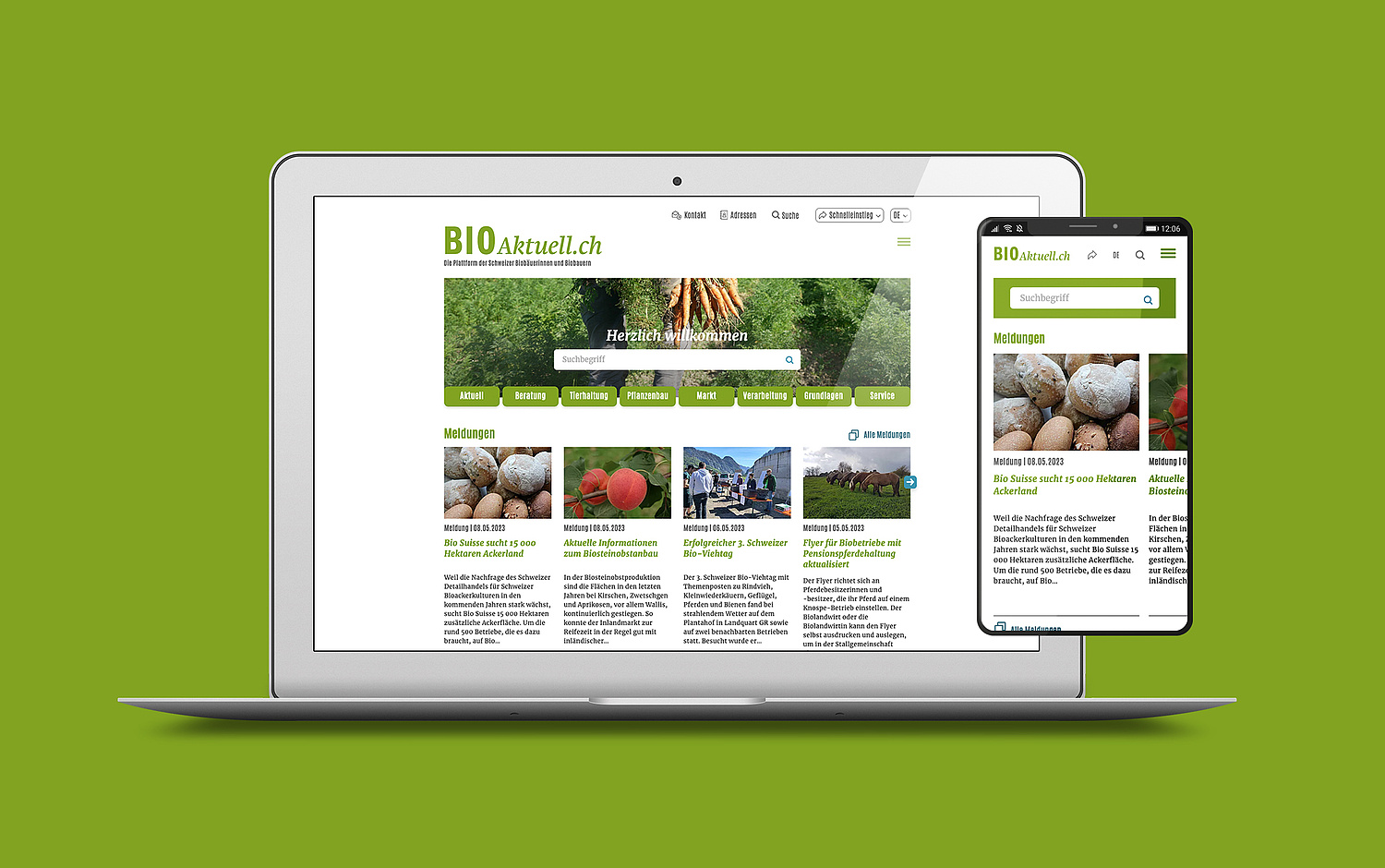 FIBL bioaktuell.ch Website Webentwicklung Startseite Responsive Ansicht Die Startseite von „bioaktuell.ch“ nach dem Relaunch im „neuen“ Design. (© Papenfuss | Atelier)