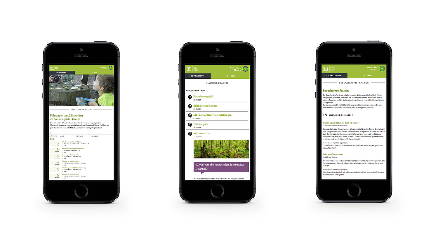 Zusatzmodule – Webdesign & Webentwicklung – Nationalpark Hainich Smartphoneansichten mit den Zusatzmodulen Saisonkalender, FAQs und Besucherbriefkasten (© Papenfuss | Atelier)
