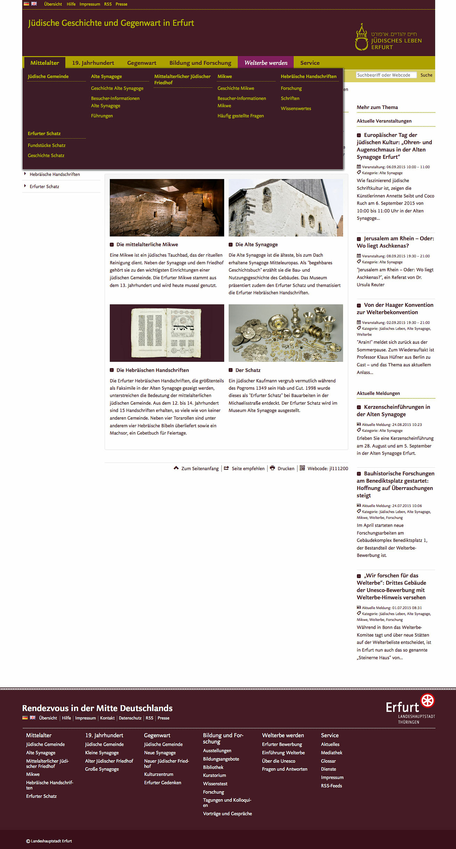 Webseite Jüdisches Leben Das Bild zeigt die Rubrik "Mittelalter" der Webseite Jüdisches Leben Erfurt. (© Papenfuss | Atelier)