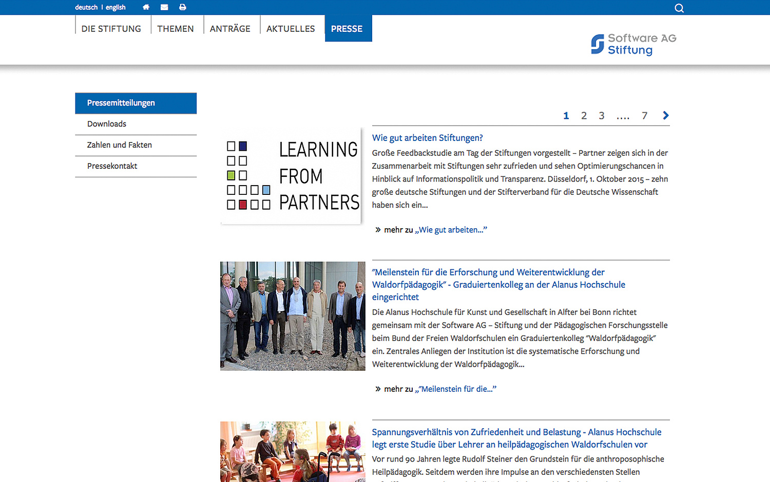Das Bild zeigt die Unterseite "Presse" (für Software-AG Stiftung, 2008–2015). (© Papenfuss | Atelier)
