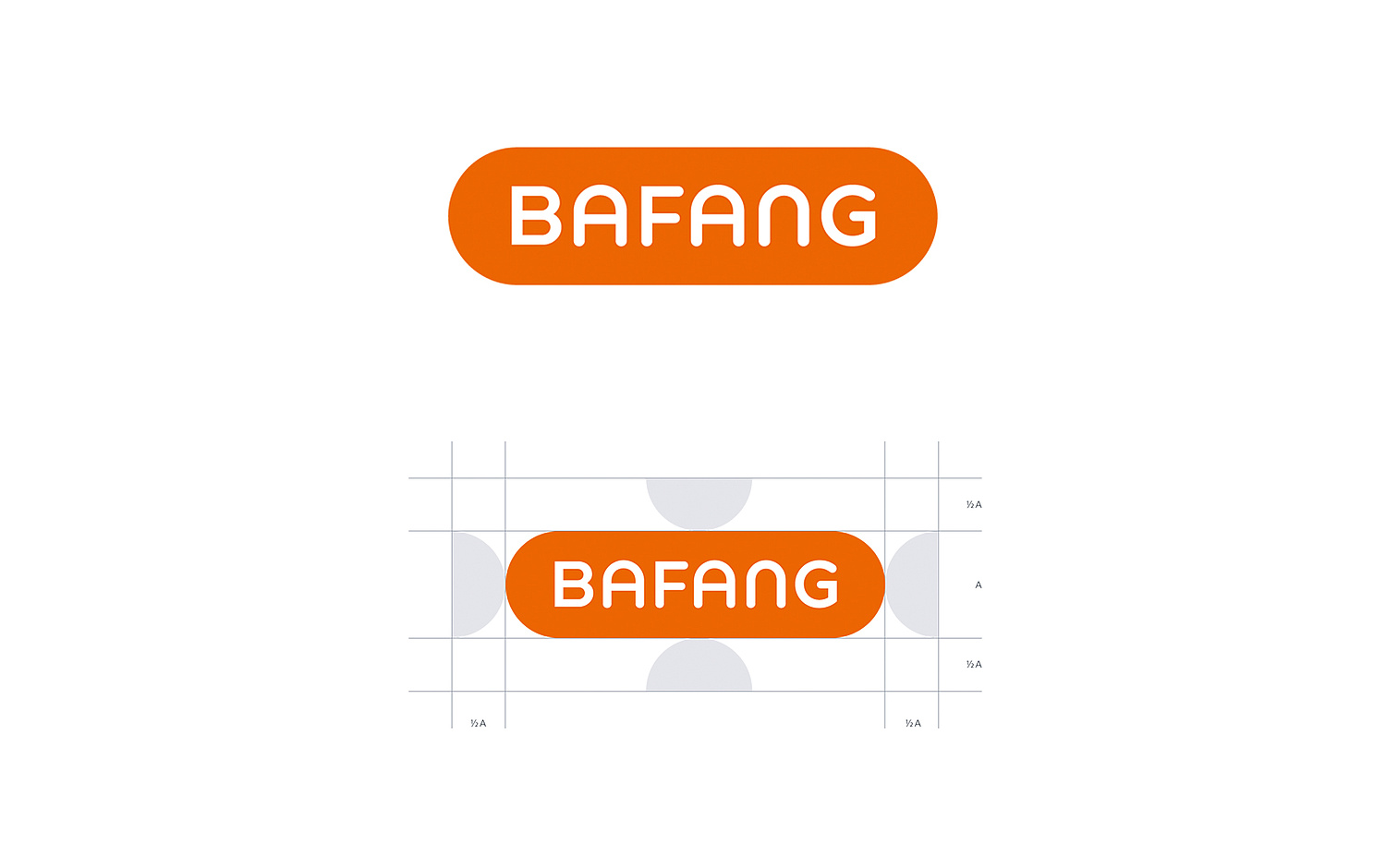 Das Bild zeigt das Logo von BAFANG als Schriftzug auf oranger Form und als Ergänzung das Logo mit den Schutzzonen. (© Papenfuss | Atelier)
