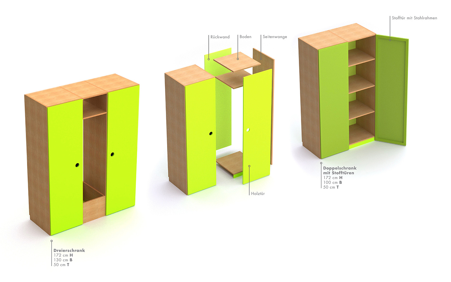 Das Bild zeigt verschiedene Kinderschrankkombinationen. Jako-o, 2011 (© Papenfuss | Atelier)