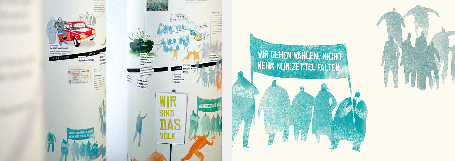 Stiftung Naturschutzgeschichte – Ausstellungsdesign – Wanderausstellung – Detail Illustration Das Bild zeigt ein Detailfoto aus den Ausstellungssäulen sowie einen Ausschnitt aus der Illustration (für die Stiftung Natzurschutzgeschichte, 2015) (© Papenfuss | Atelier)