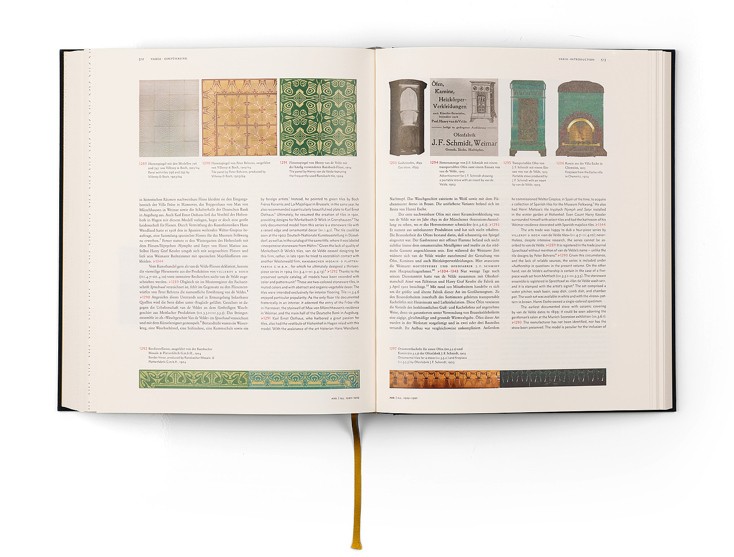 Einführungstext zum Kapitel "Varia" mit Abbildungen von Fliesen, Kacheln, Öfen und Kaminen (© Papenfuss | Atelier)