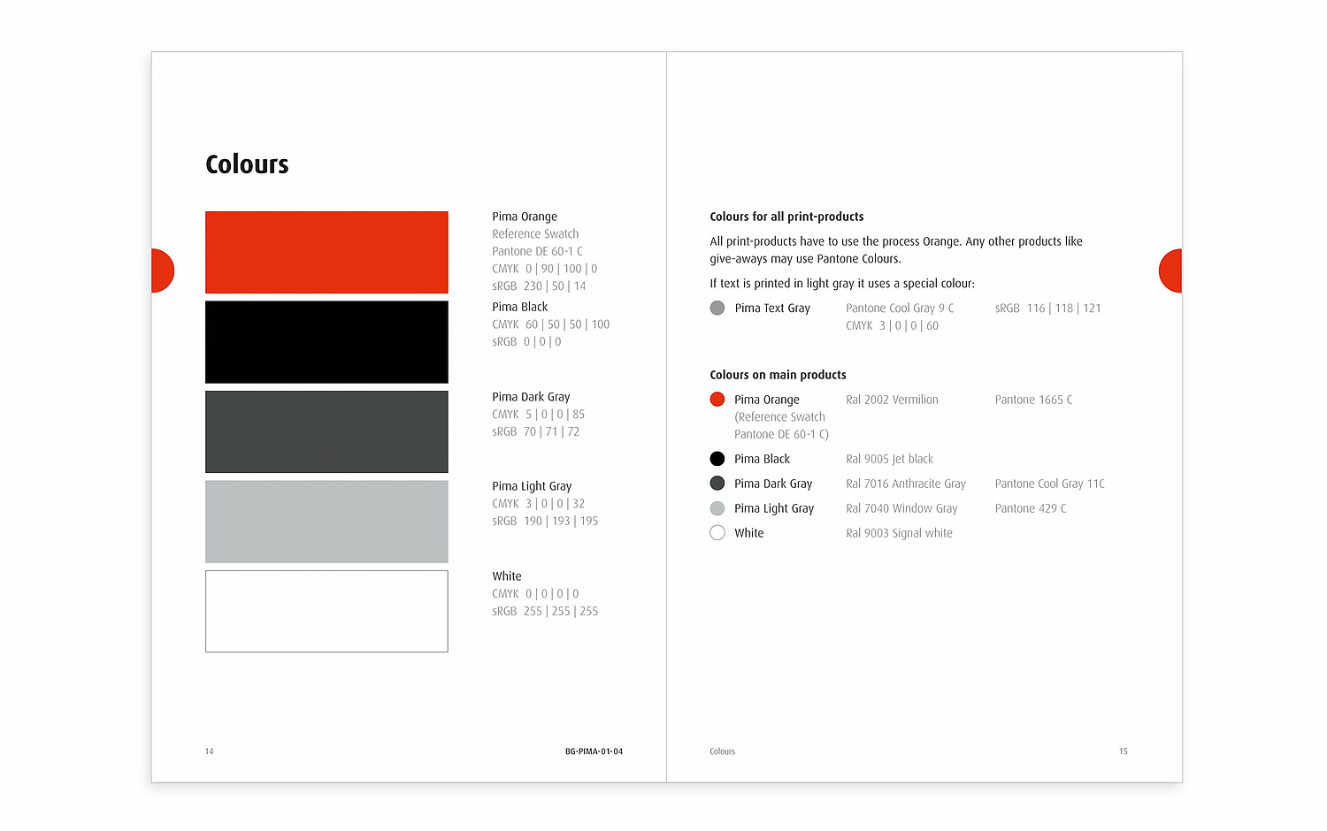 Das Bild zeigt Seiten zu den Farben des Corporate Designs von Pima aus dem Design-Manual (für Alere, 2009).  (© Papenfuss | Atelier)