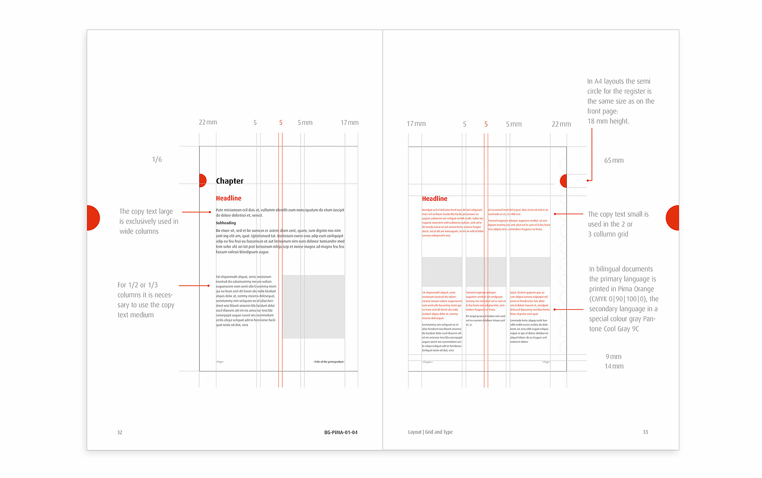 Das Bild zeigt Seiten aus dem Design-Manual für das Coporate Design von Pima (für Alere, 2009). (© Papenfuss | Atelier)