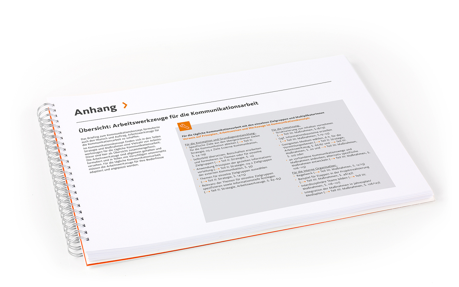 Kommunikationskonzept Arbeitswerkzeuge Leitfaden Das Konzept ist durch erläuternde Grafiken, Informationsboxen und formale Elemente ergänzt, um das umfangreiche Grundlagenpapier für die tägliche Arbeit und das schrittweise Lesen zu strukturieren. (© Papenfuss | Atelier)
