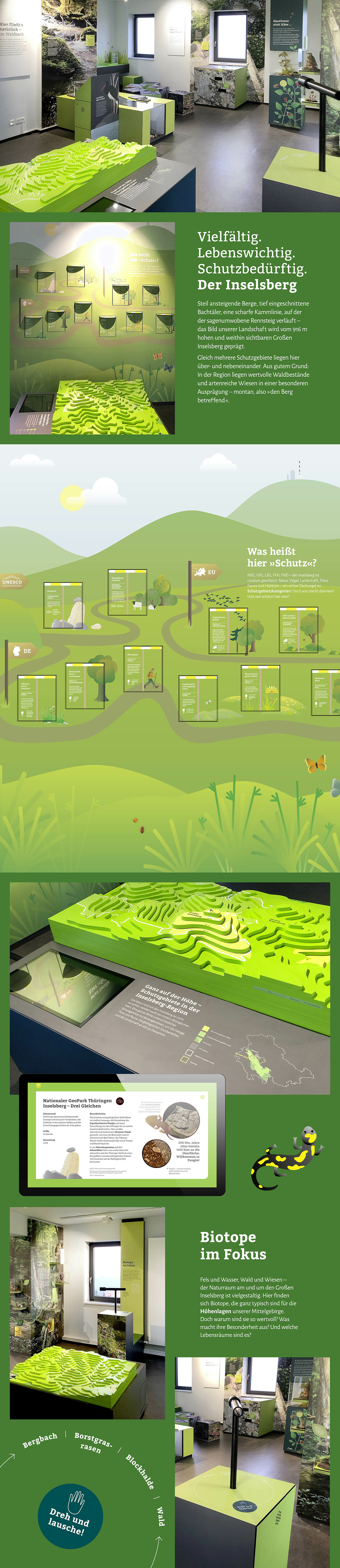 Einblicke in die Ausstellung der 2. Etage mit der Wandtafel zu den Schutzgebietskategorien, einem 3D-Landschaftsmodell des Inselsbergs und einem Modul zum FFH-Gebiet 60.  (© Papenfuss | Atelier)