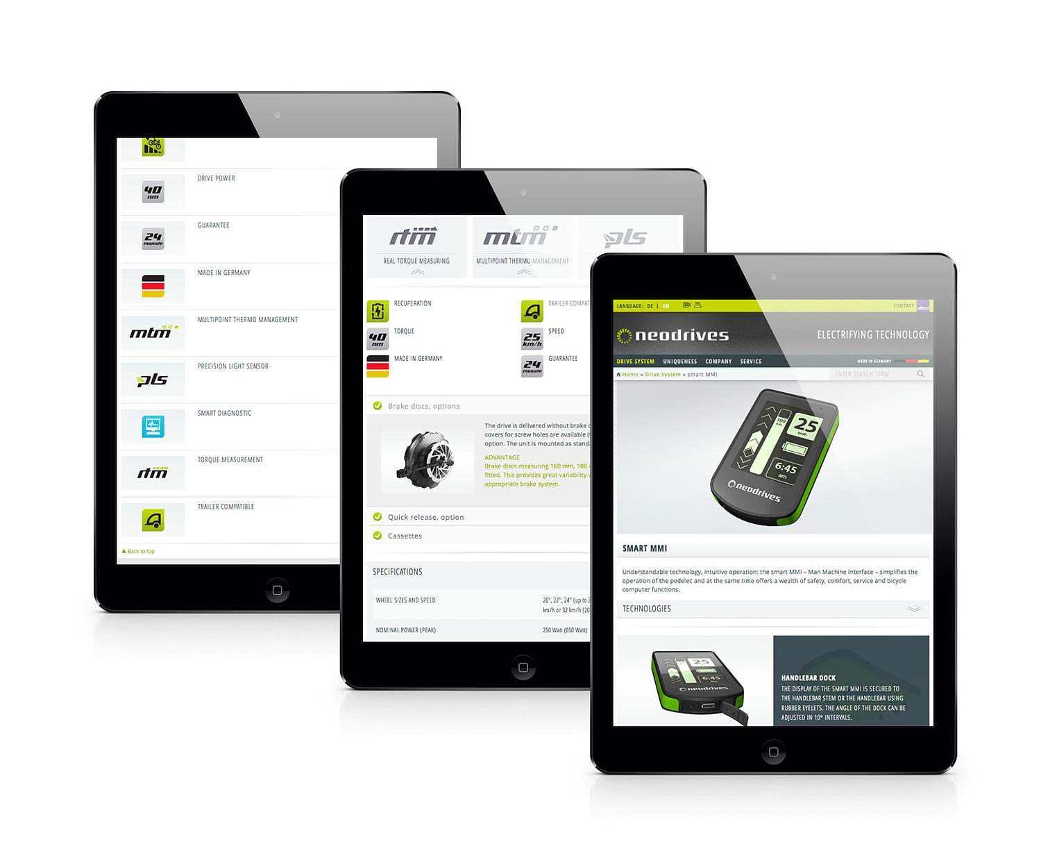 Corporate Design – Marke Neodrives – Anwendung Tablet Fortsetzung und Anwendung der Corporate-Design-Elemente auf der Website für Marke Neodrives (© Papenfuss | Atelier)
