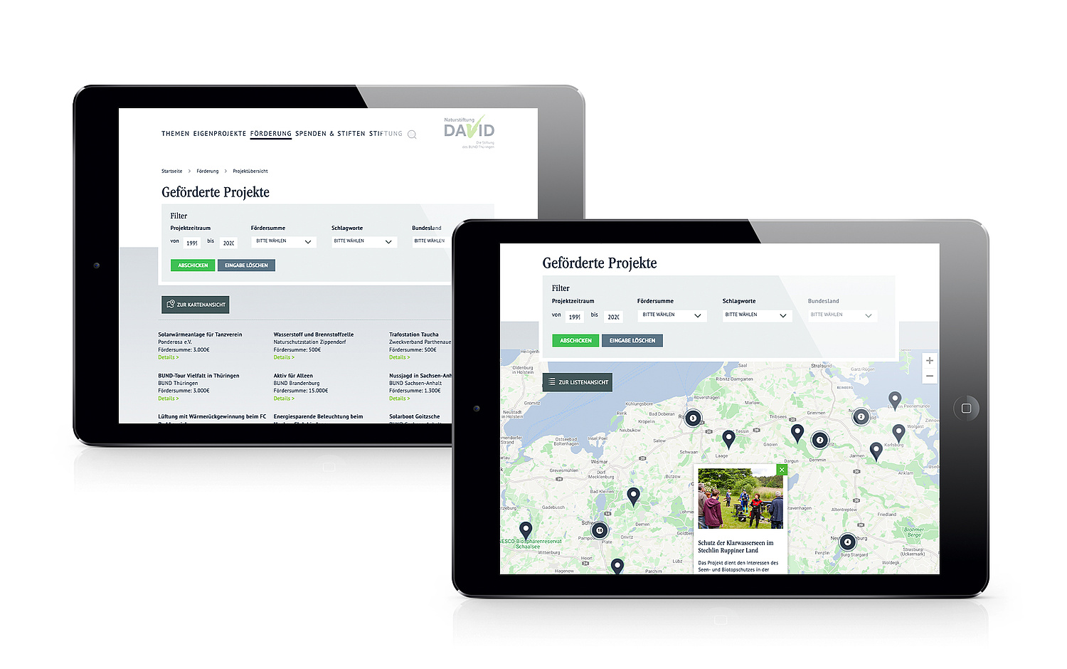 Kommunikation Webdesign Natur & Umwelt Projekte Naturstiftung David Darstellung der Förderprojekte in einer Übersichtskarte: Die Projekte werden vom Antrag bis zur Dokumentation über die Website verwaltet. Die in der Datenbank hinterlegten Informationen zu den Projekten (Lage, Beschreibung, Fotos) sind über die Karte abrufbar. (© Papenfuss | Atelier)