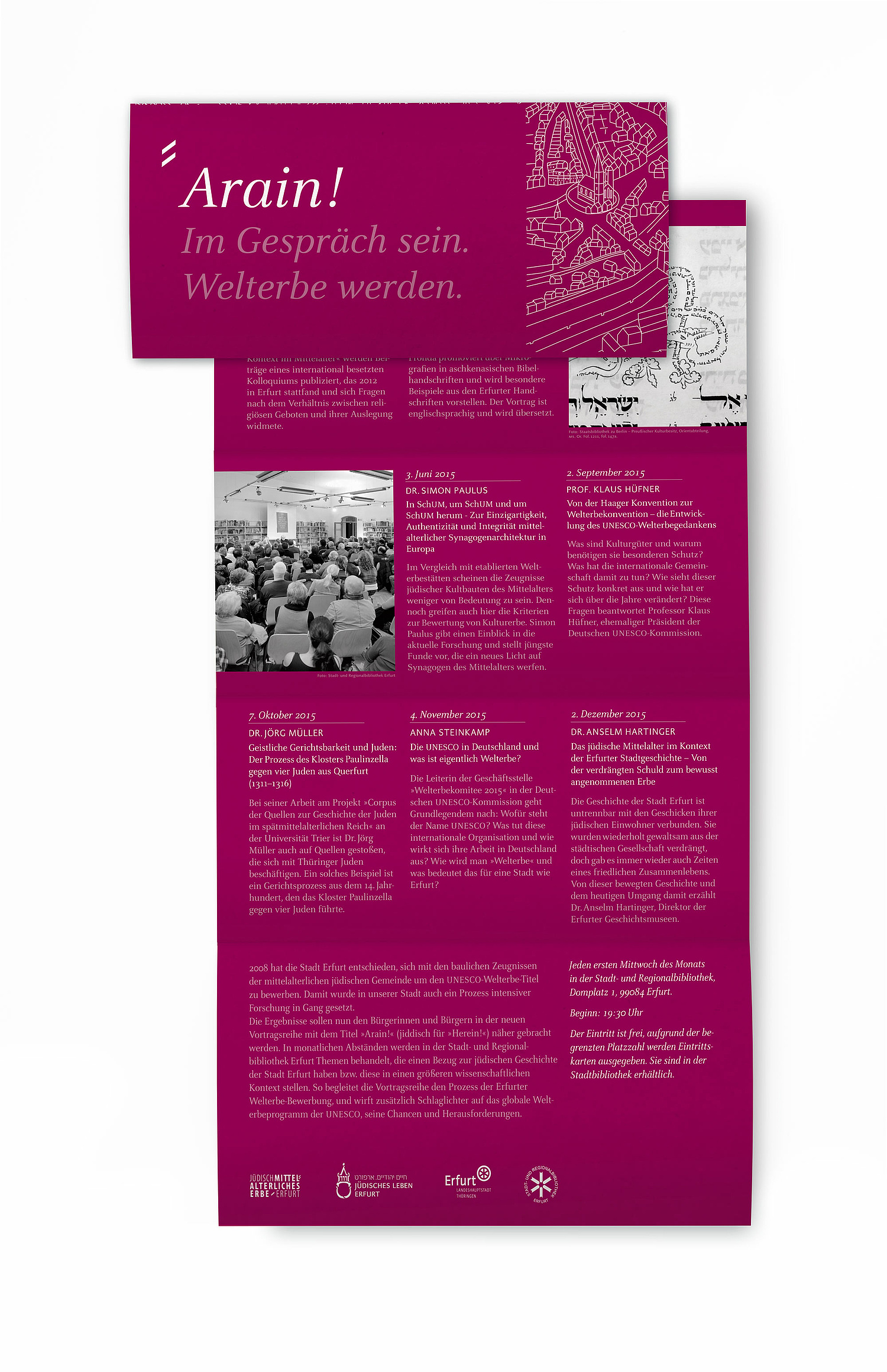Das Bild zeigt das Veranstaltungsfaltblatt zur Vortragsreihe Arain. (für Netzwerk Jüdisches Leben Erfurt) (© Papenfuss | Atelier)