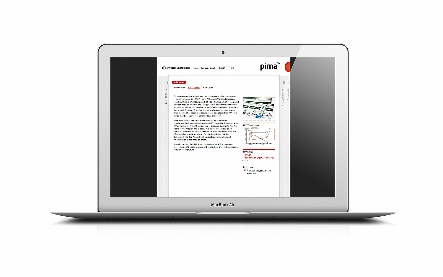 Website Pima Analyser (HIV-Analyse-Gerät) Das Bild zeigt die Website zu Pima Analyser (für Inverness Medical Innovations, 2009). (© Papenfuss | Atelier)