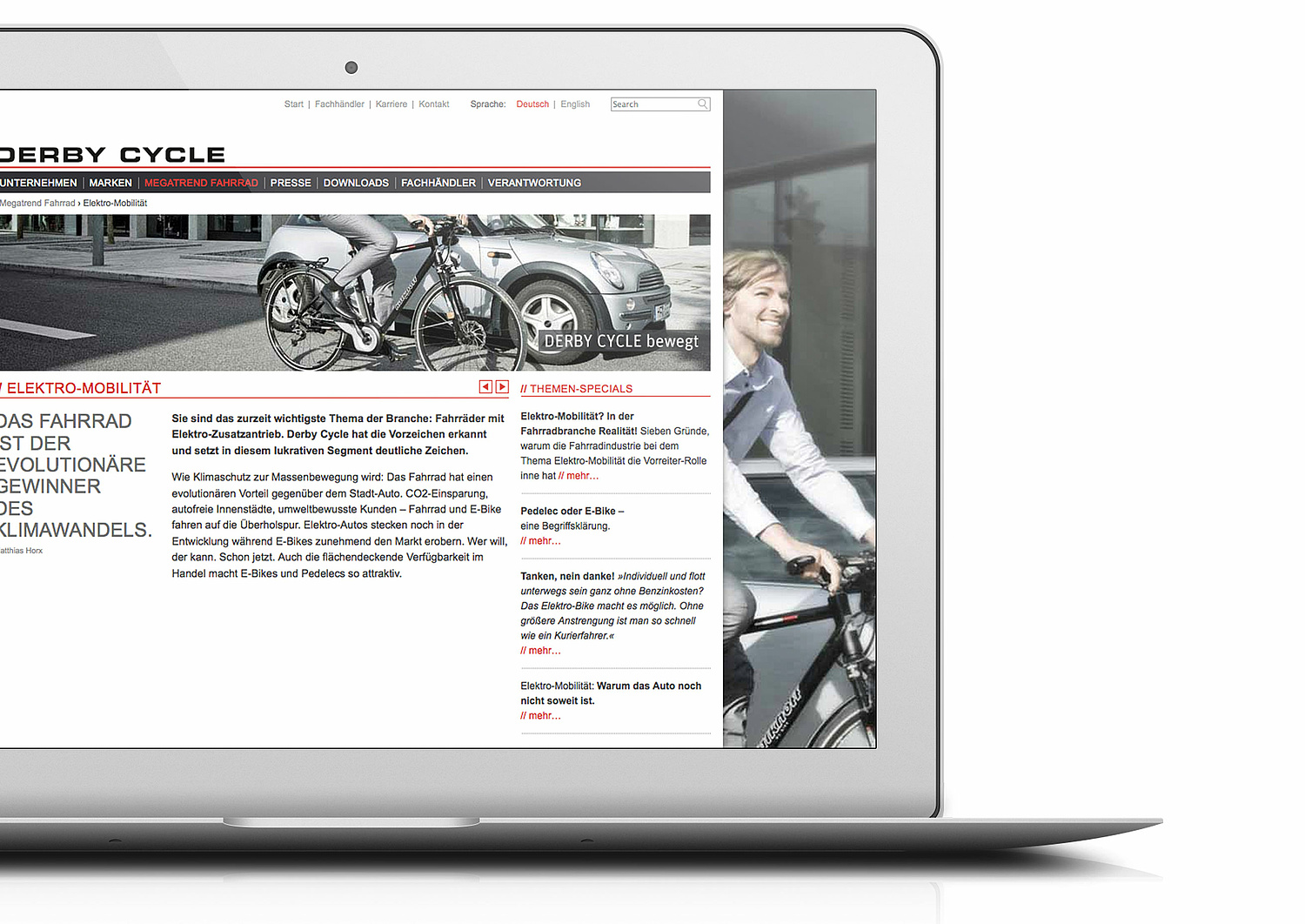 Das Bild zeigt die eine Unterseite der Webseite. (für Derby Cycle Werke, 2010) (© Papenfuss | Atelier)