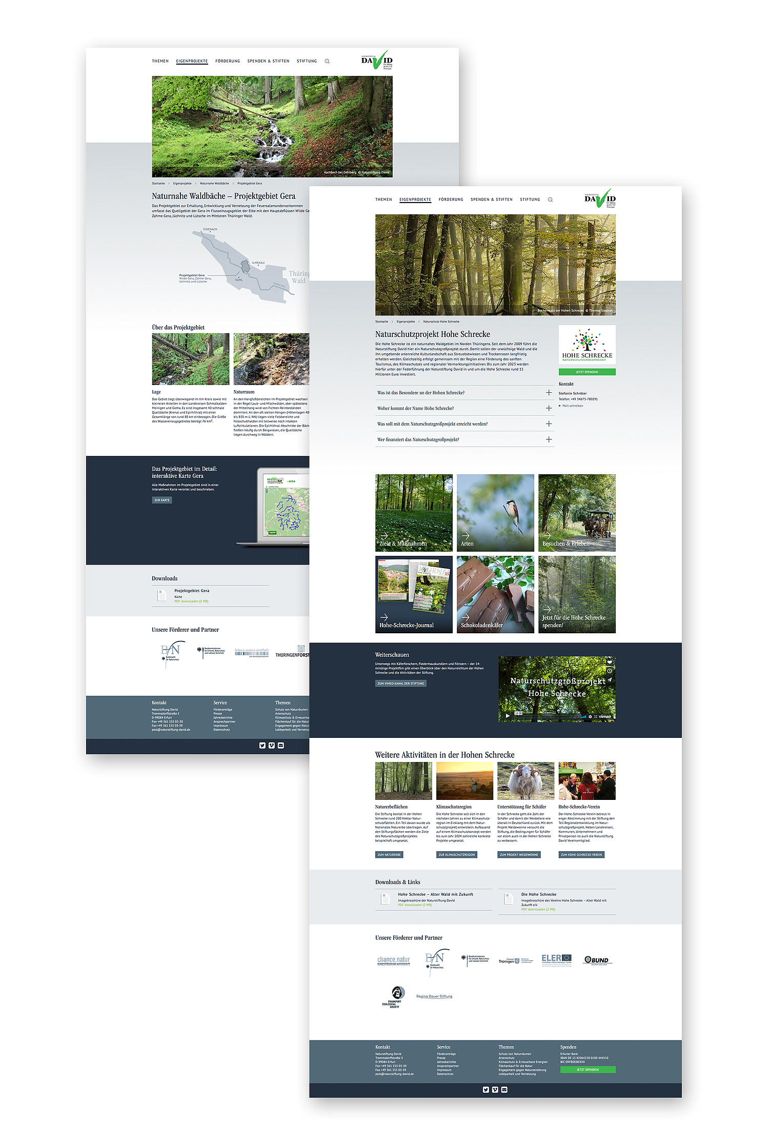 Kommunikation Webdesign Natur & Umwelt Projektseiten Naturstiftung David Unterseiten mit unterschiedlichen Möglichkeiten, die vielfältigen Inhalte zu strukturieren (z. B. Text, Highlightboxen, Galerien, Dowloadlisten) (© Papenfuss | Atelier)