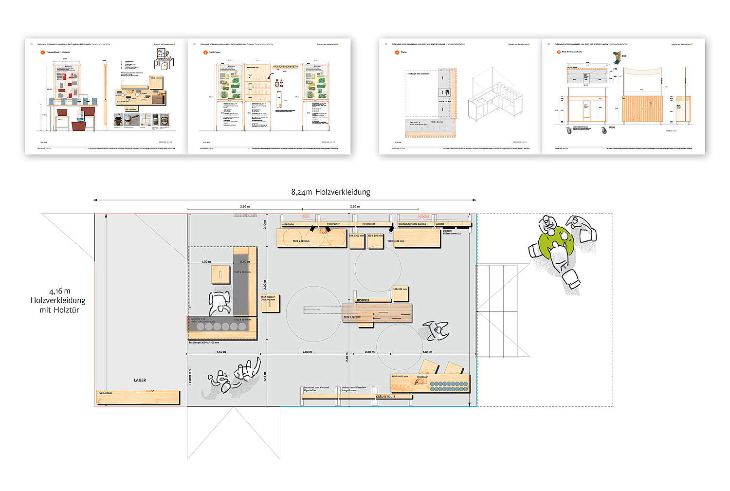 Grundriss mit Konstruktionszeichnungen der Modulmöbel (© Papenfuss | Atelier)