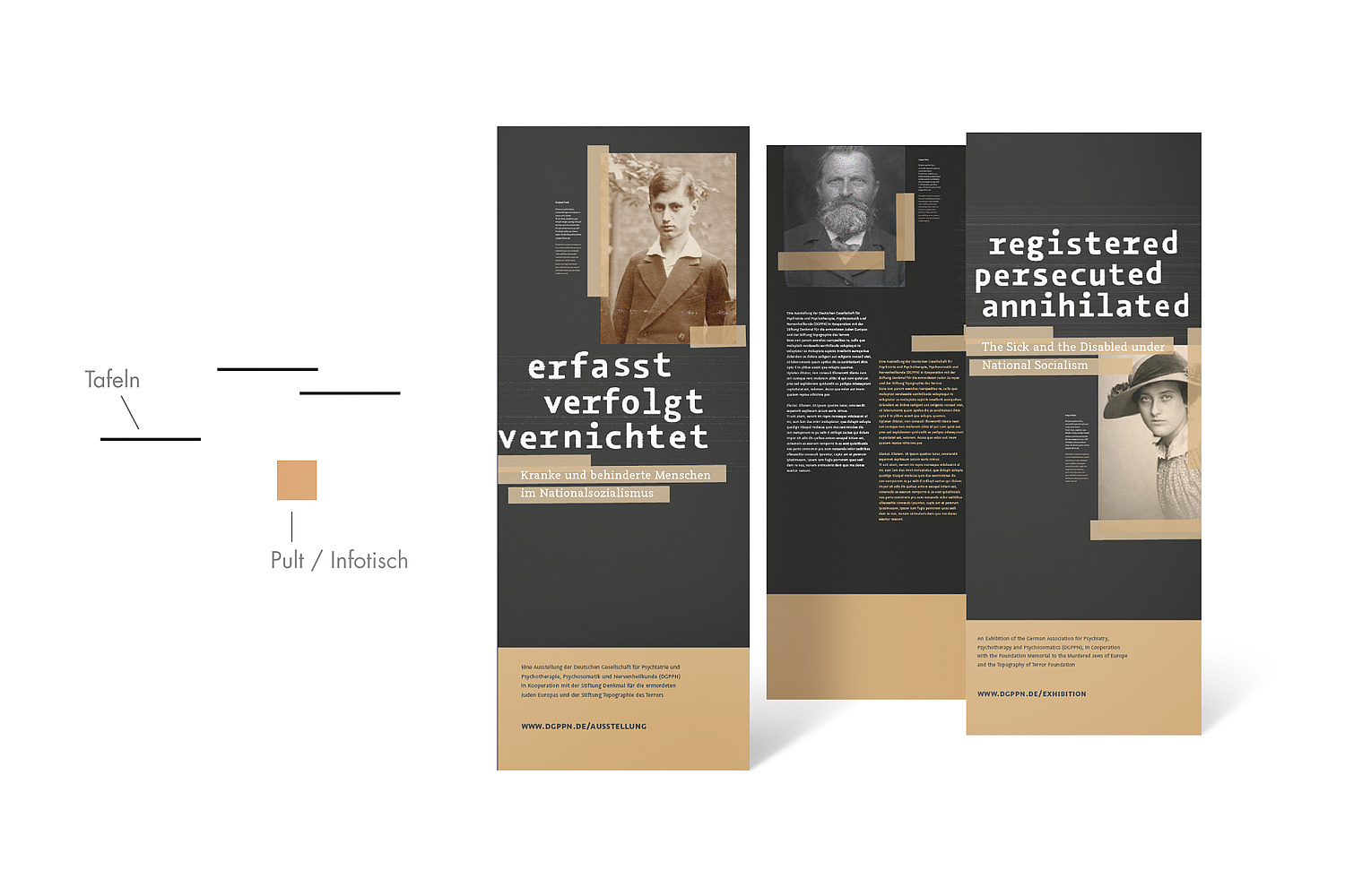 DGPPN – Ausstellungsdesign – Wanderausstellung Das Bild zeigt den Entwurf für eine dreiteilige Messewand (für die Deutsche Gesellschaft für Psychiatrie und Psychotherapie, Psychosomatik und Nervenheilkunde (DGPPN), 2013) (© Papenfuss | Atelier)