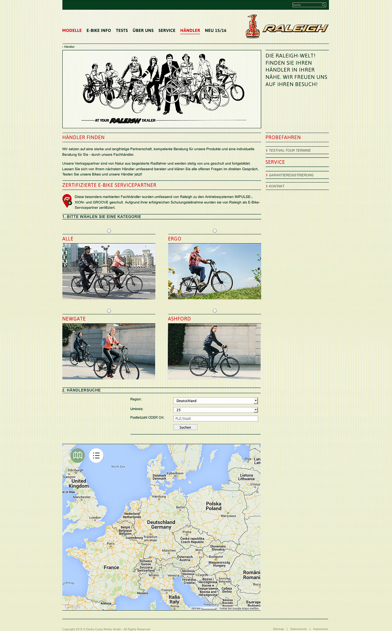 Händlersuche Raleigh-Markenwebseite Das Bild zeigt die Händlersuche der Raleigh-Markenwebseite. (für Derby Cycle Werke) (© Papenfuss | Atelier)