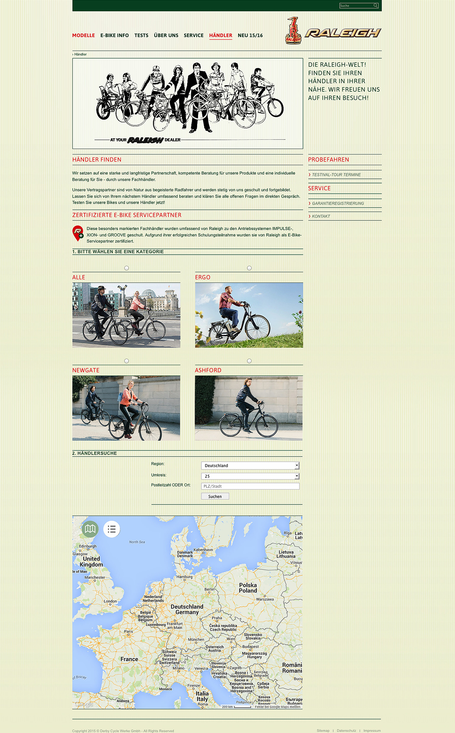 Das Bild zeigt die Händlersuche der Raleigh-Markenwebseite. (für Derby Cycle Werke) (© Papenfuss | Atelier)