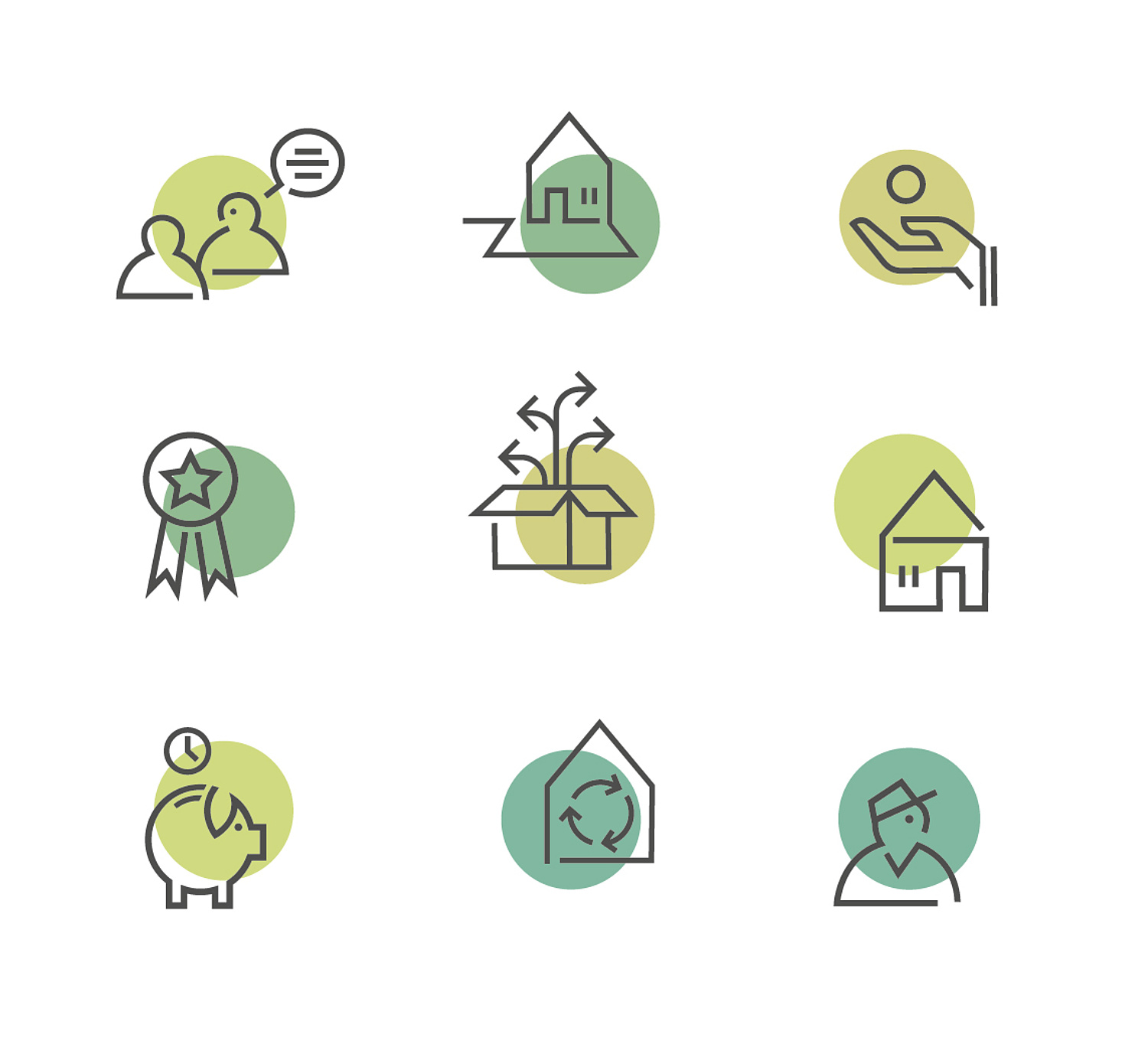 Für die einzelnen Materialien entwickelten wir ein Icon-Set, welches in den einzelnen Kommunikationsmitteln zum Einsatz kommt. Es schafft bildhaft eine Zuordnung zu einzelnen Themen.   (© Papenfuss | Atelier)