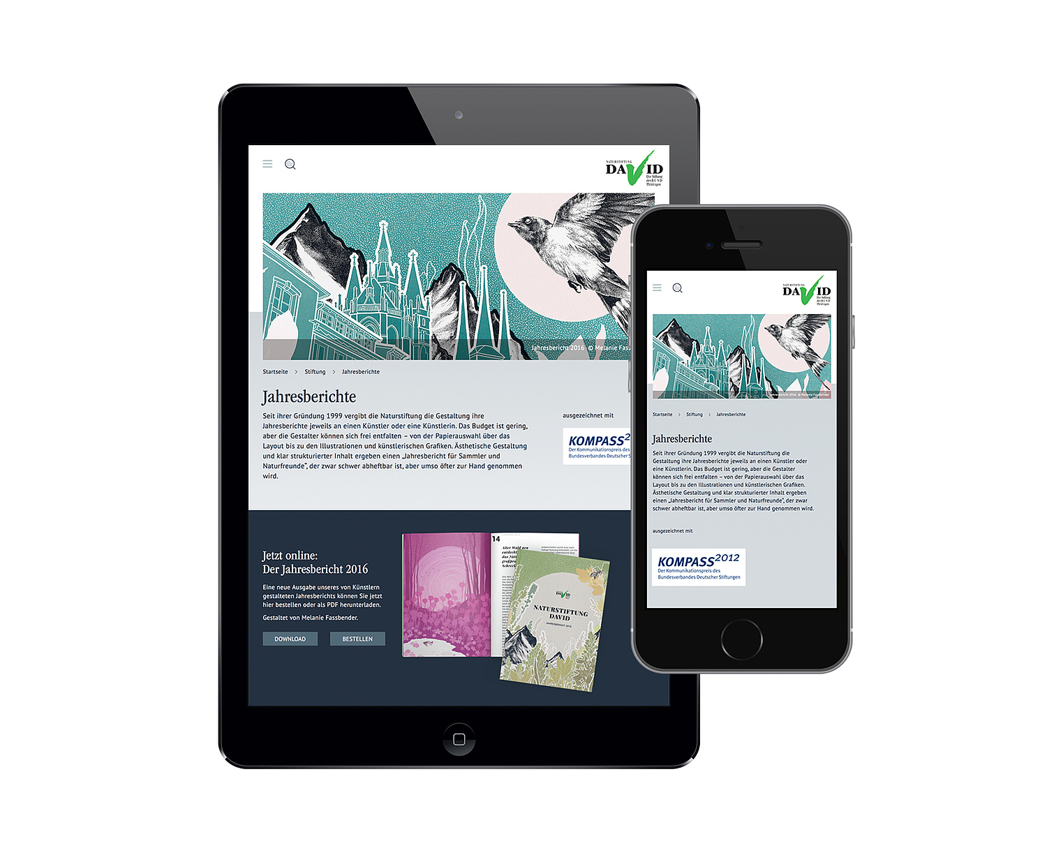 Kommunikation Webdesign Natur & Umwelt Jahresbericht Naturstiftung David Wichtig ist auch die Präsentation des Jahresberichts, der sich, durch immer andere Künstler erstellt, mittlerweile zu einem Sammlerobjekt entwickelt hat.
(© Papenfuss | Atelier)