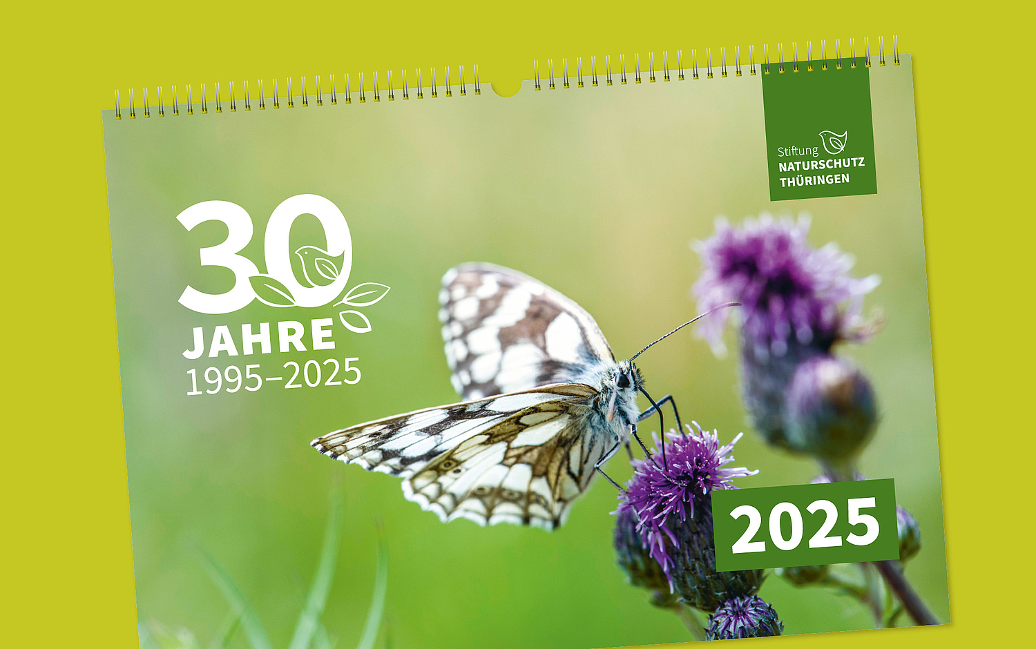Titel des Kalenders für 2025 mit einer Nahaufnahme eines Scheckenfalters und dem großen 30 Jahre-Logo der Stiftung (© Papenfuss | Atelier)