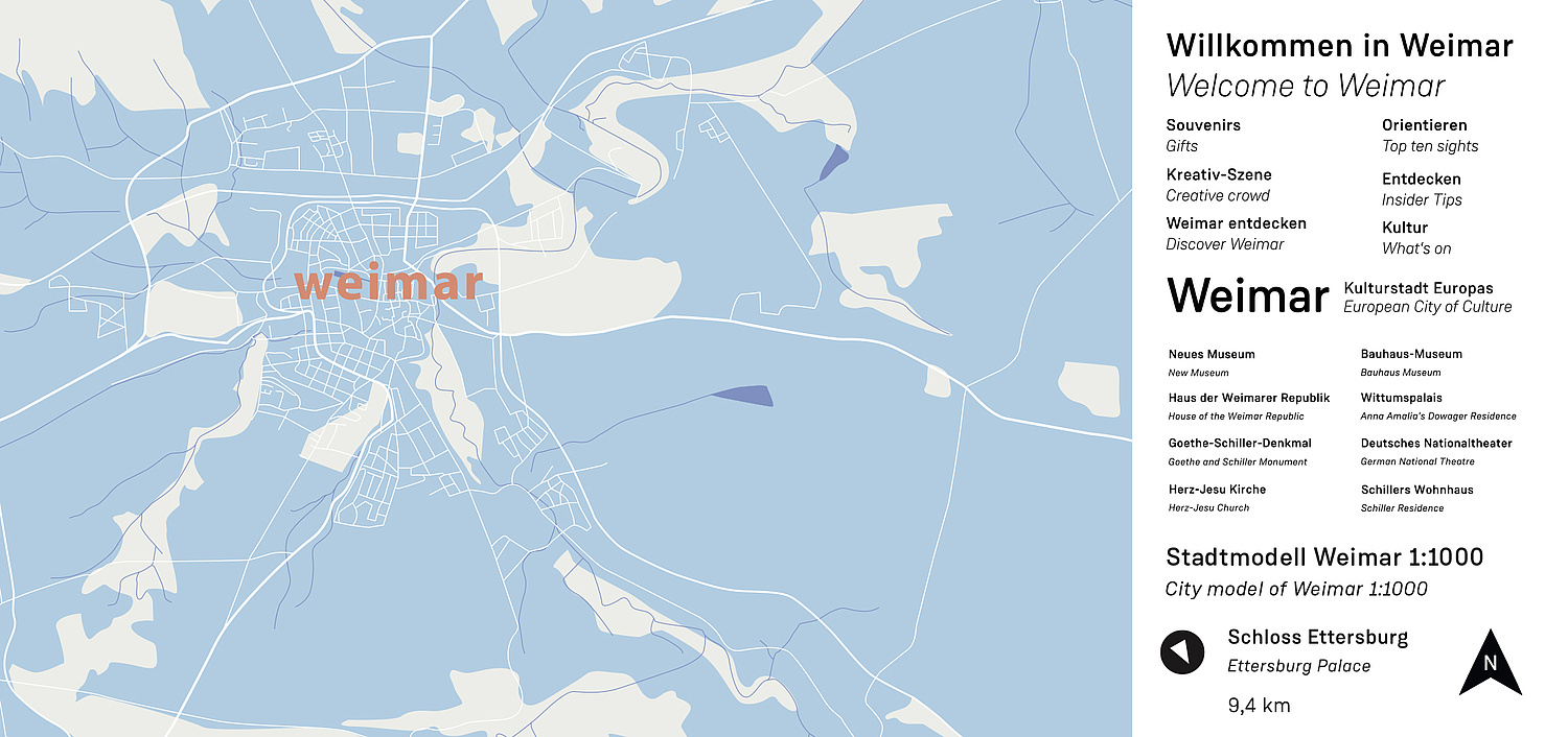 Ansicht der Raumgrafik (Stadtplan Weimar) und Auszug aus dem typografischen Konzept (© Papenfuss | Atelier)