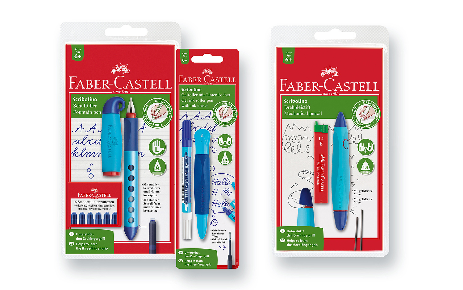Das Bild zeigt die Scribolino Produktverpackungen für Schulfüller, Tintenroller und Drehbleistift (für Faber-Castell, 2012/2013).  (© Papenfuss | Atelier)